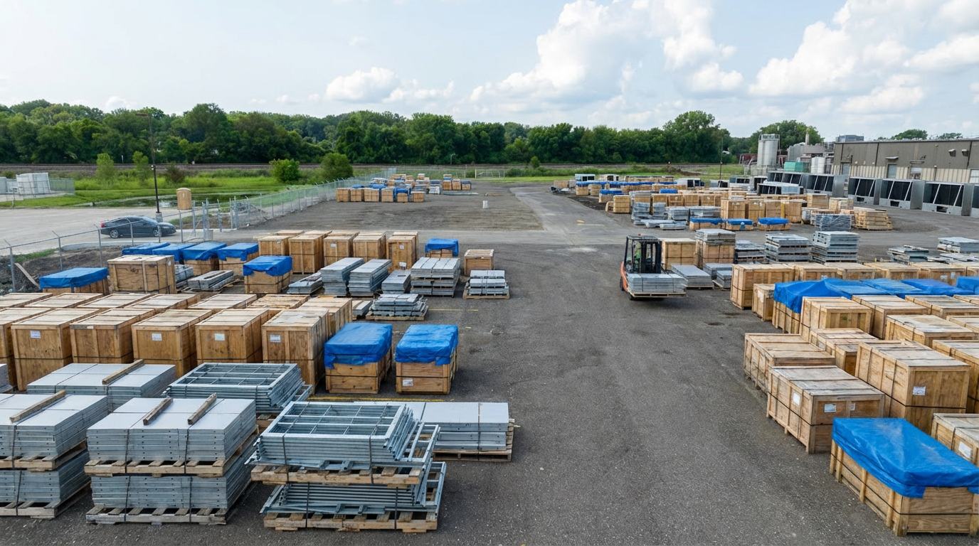 Outdoor storage yard with forklift operations and palletized construction materials